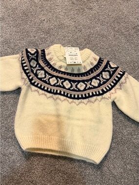 Zara Cream Fair Isle Kids Sweater with Navy Pattern